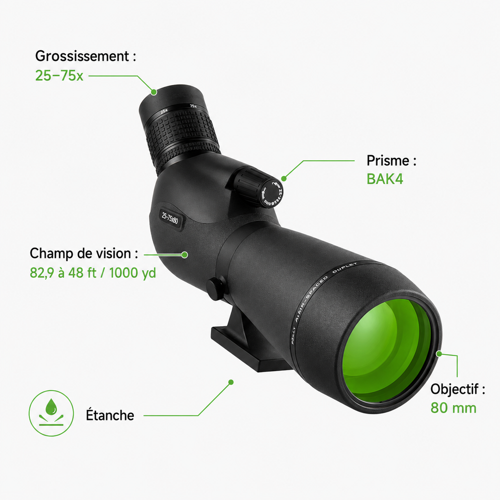 Longue-vue Zoom 25–75×80 pour Nature et Tir