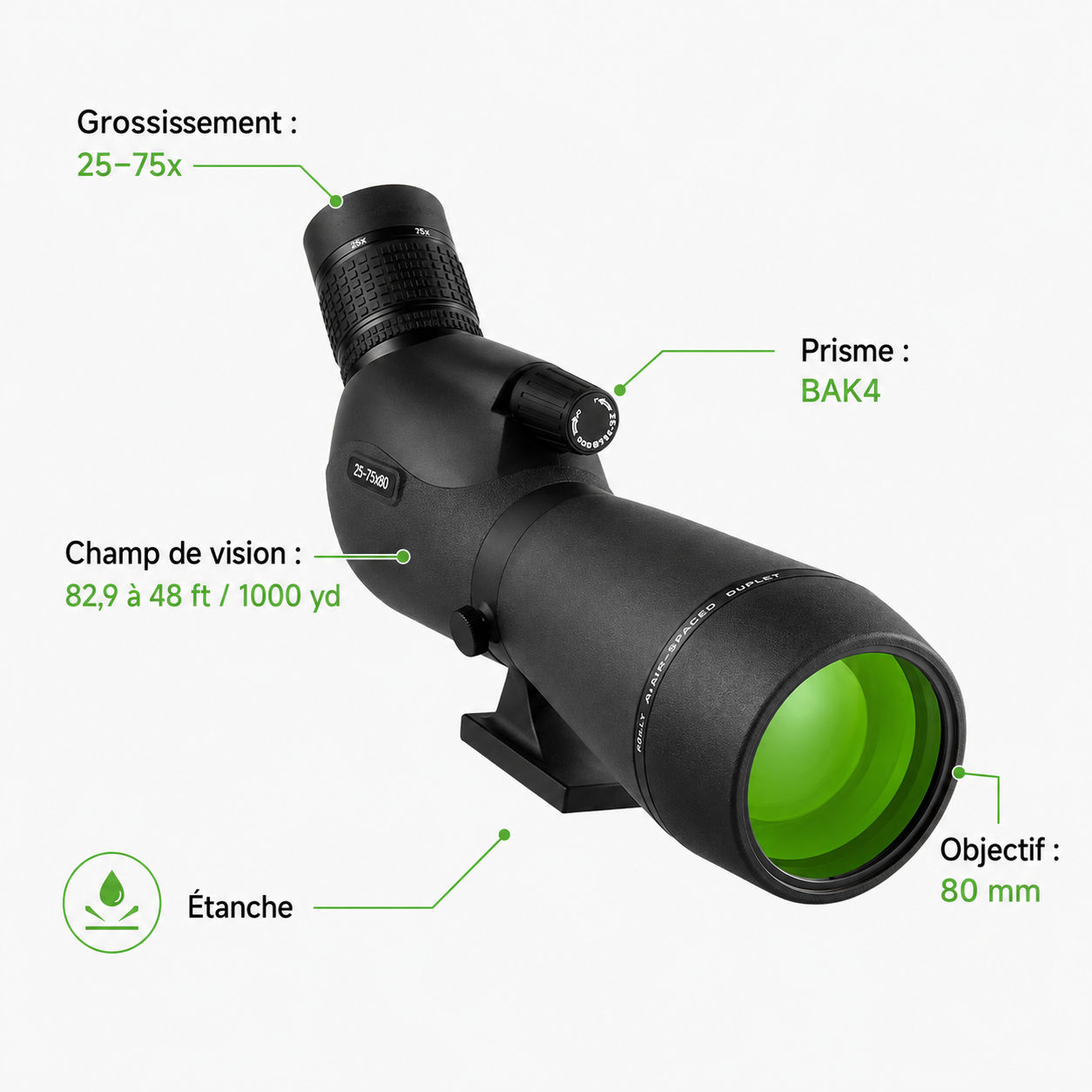 Longue-vue Zoom 25–75×80 pour Nature et Tir