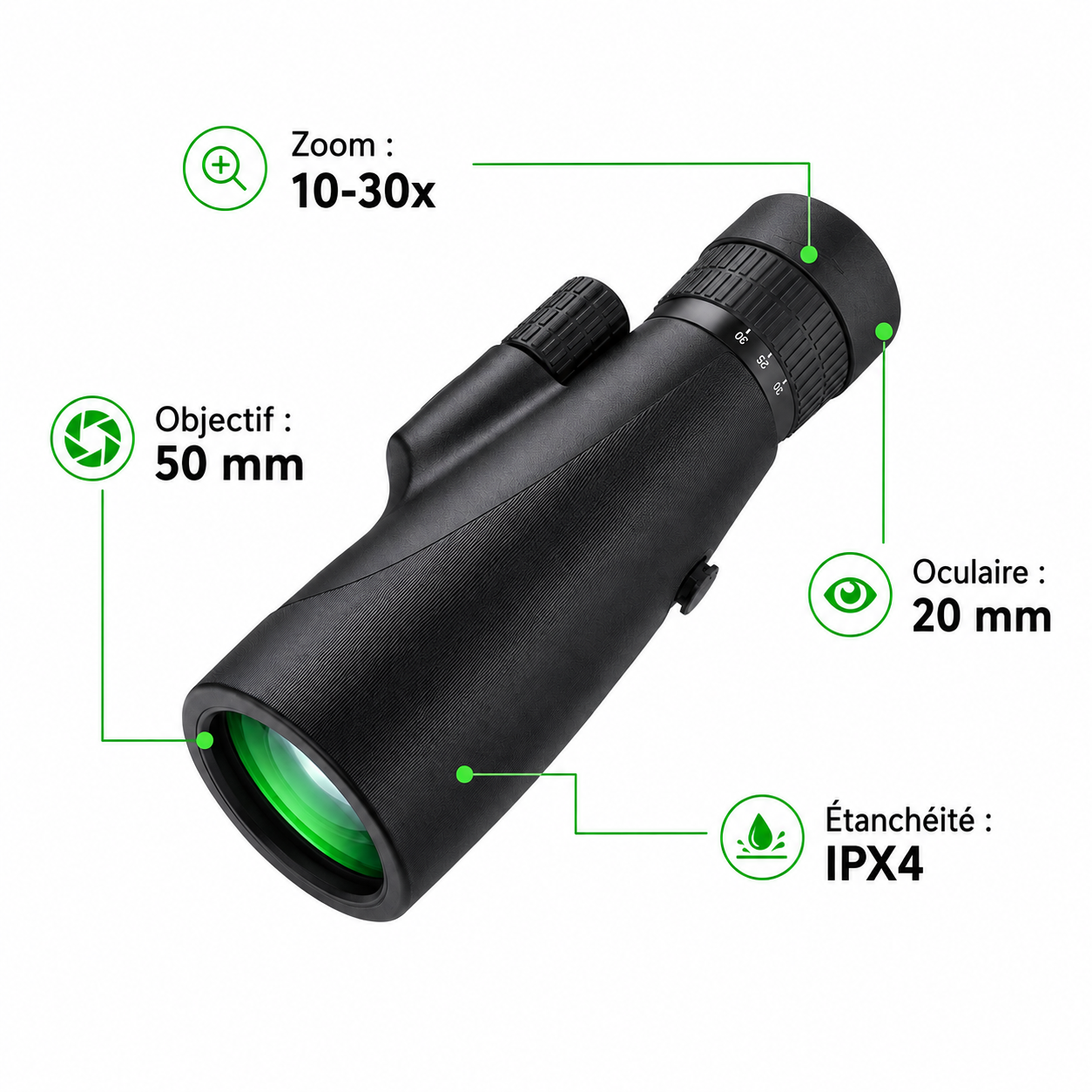 Monoculaire Zoom 10–30×50 pour Nature et Randonnée