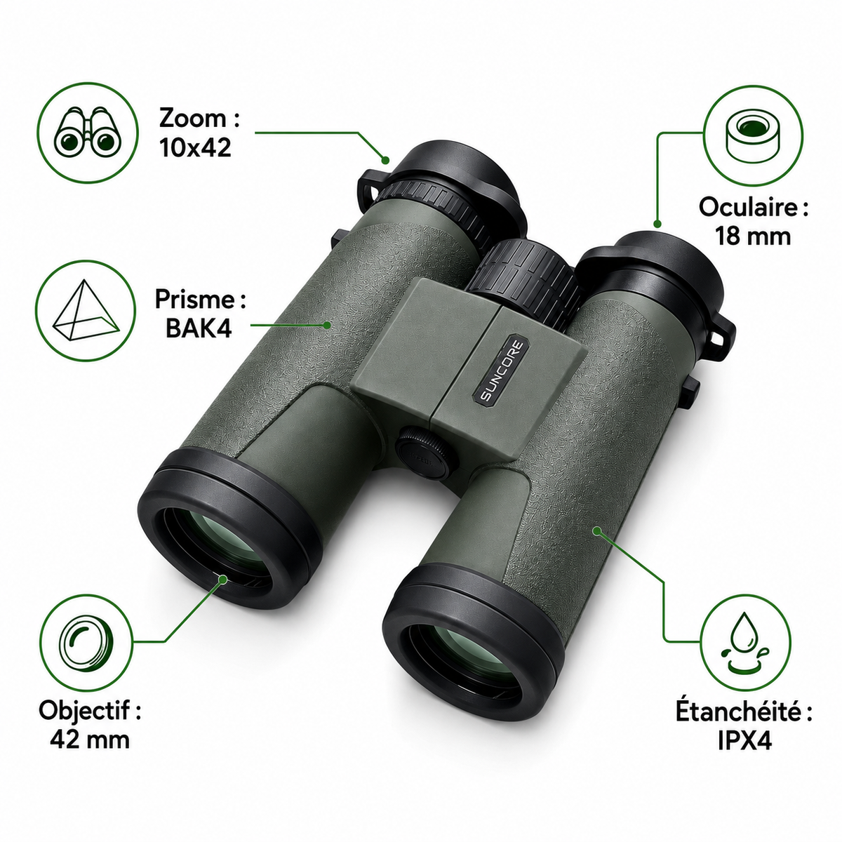 SUNCORE 10X42Green Binoculars - High-Performance, Durable, and Perfect for Outdoor Adventures