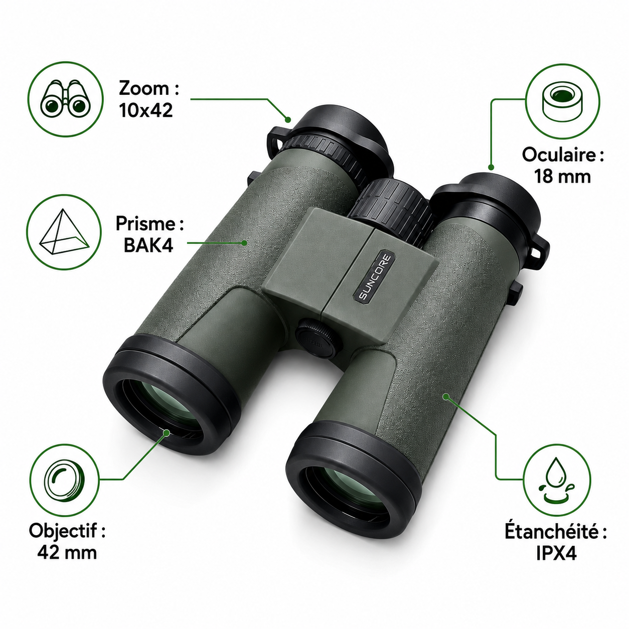 SUNCORE 10X42Green Binoculars - High-Performance, Durable, and Perfect for Outdoor Adventures