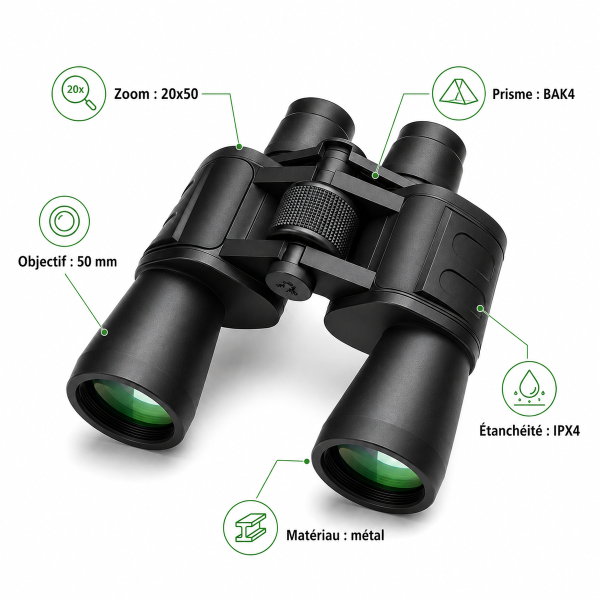 Jumelles 20×50 BAK4 pour Observation Longue Distance