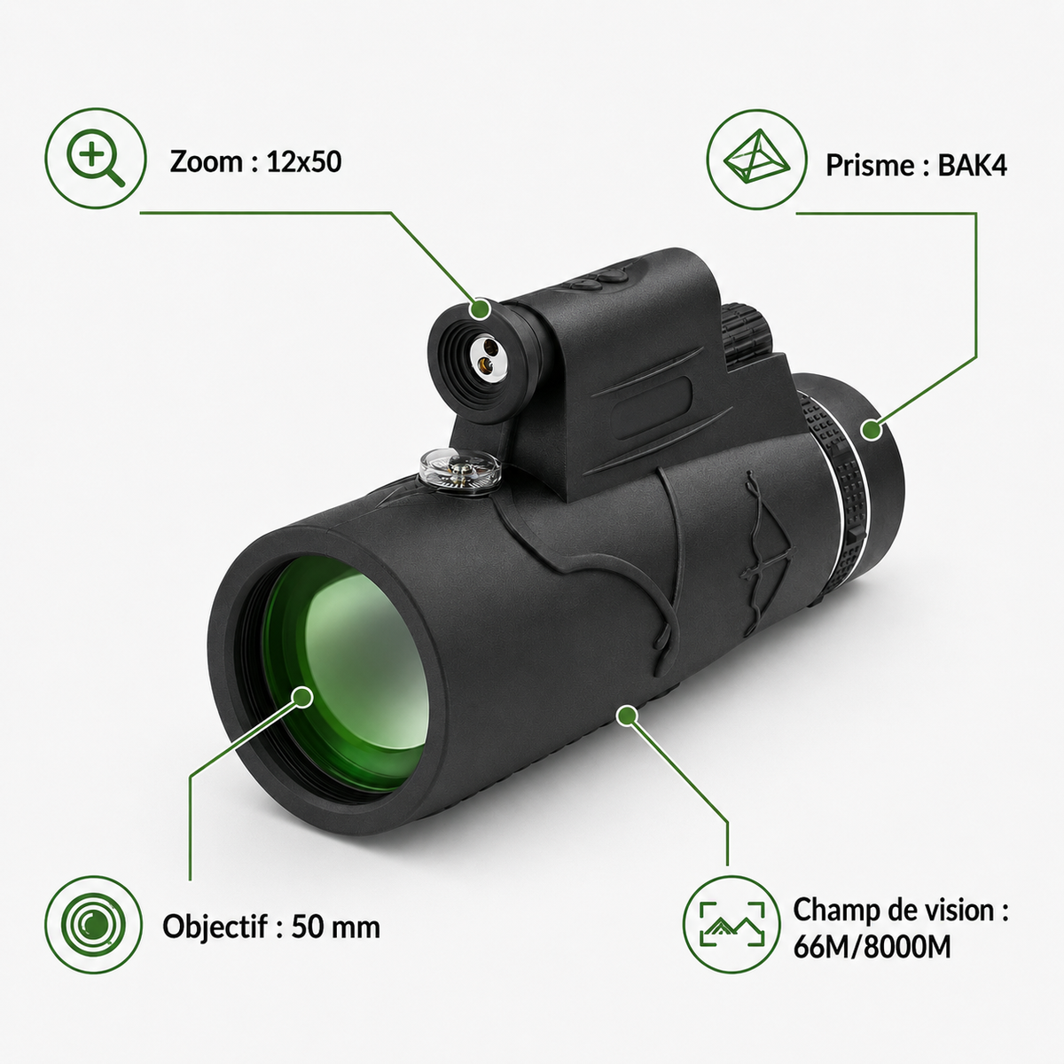Monoculaire 12×50 Compact pour Observation Extérieure