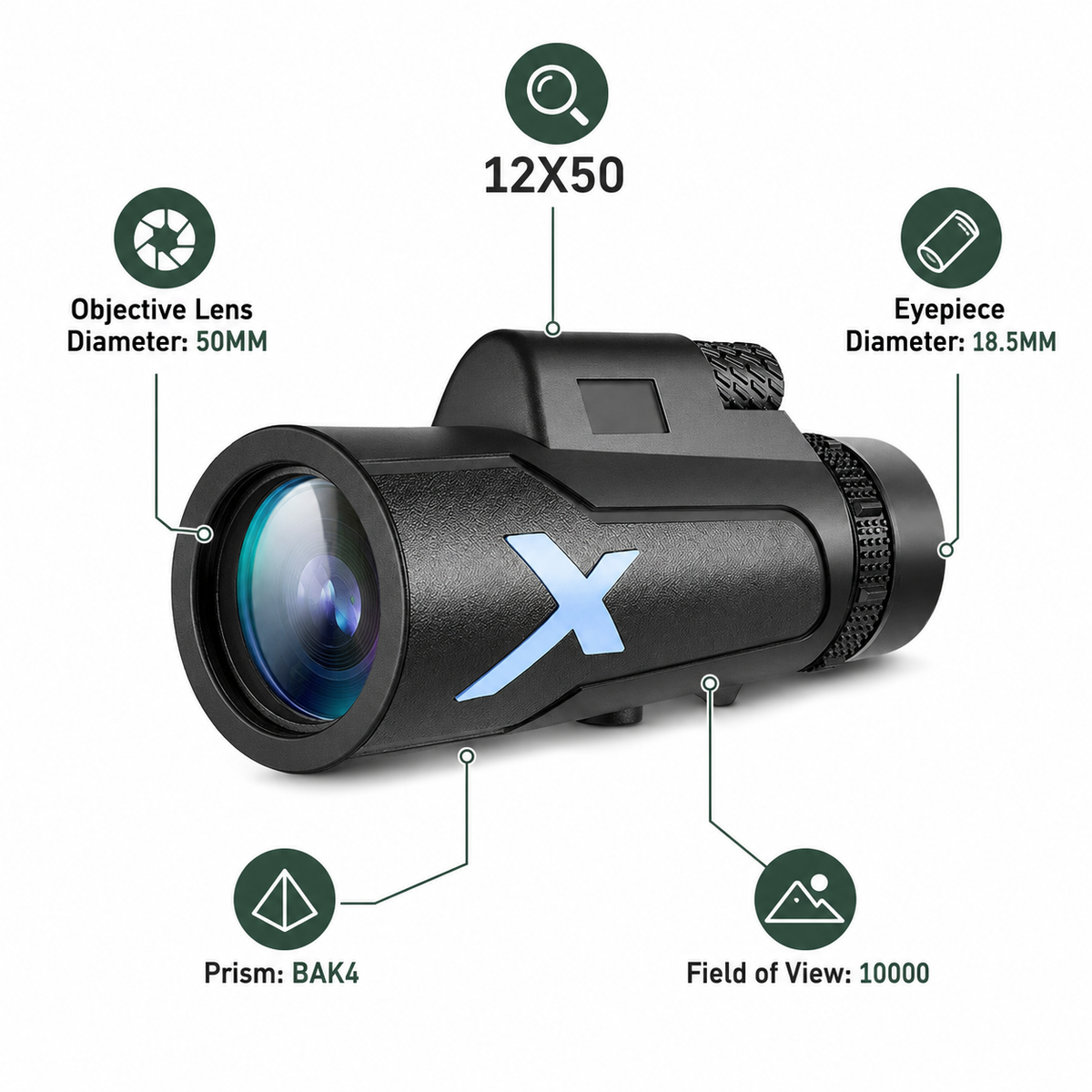 Monoculaire 12×50 pour Nature et Observation Lointaine