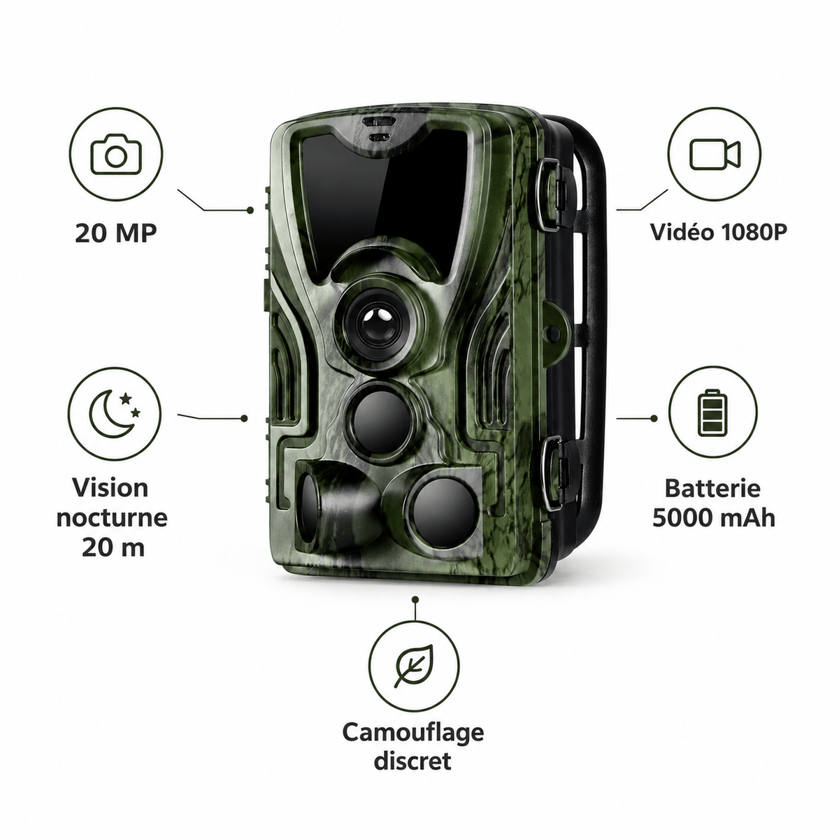 Regard-sauvages Caméra de chasse 20 MP – 1080P, Vision Nocturne 20 m, Batterie 5000 mAh