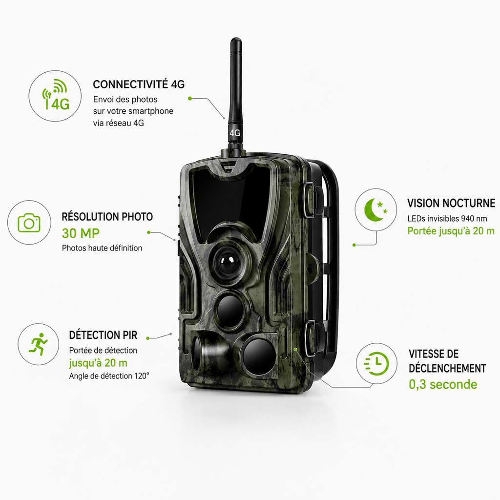 Regard-sauvages Caméra de chasse 4G – 30 MP, Vision Nocturne 20 m, IP66