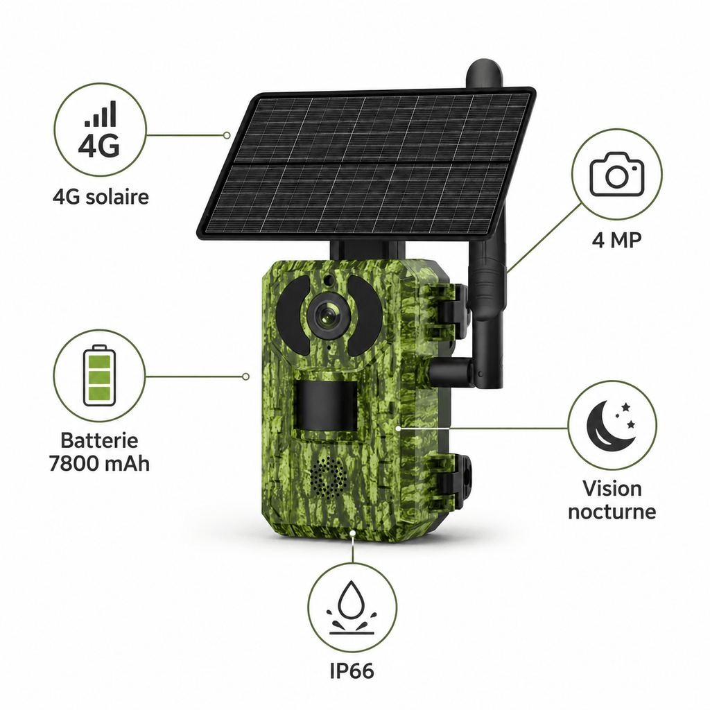 Regard-sauvages Caméra de chasse 4G solaire 4 MP – Batterie 7800 mAh, Vision Nocturne, IP66