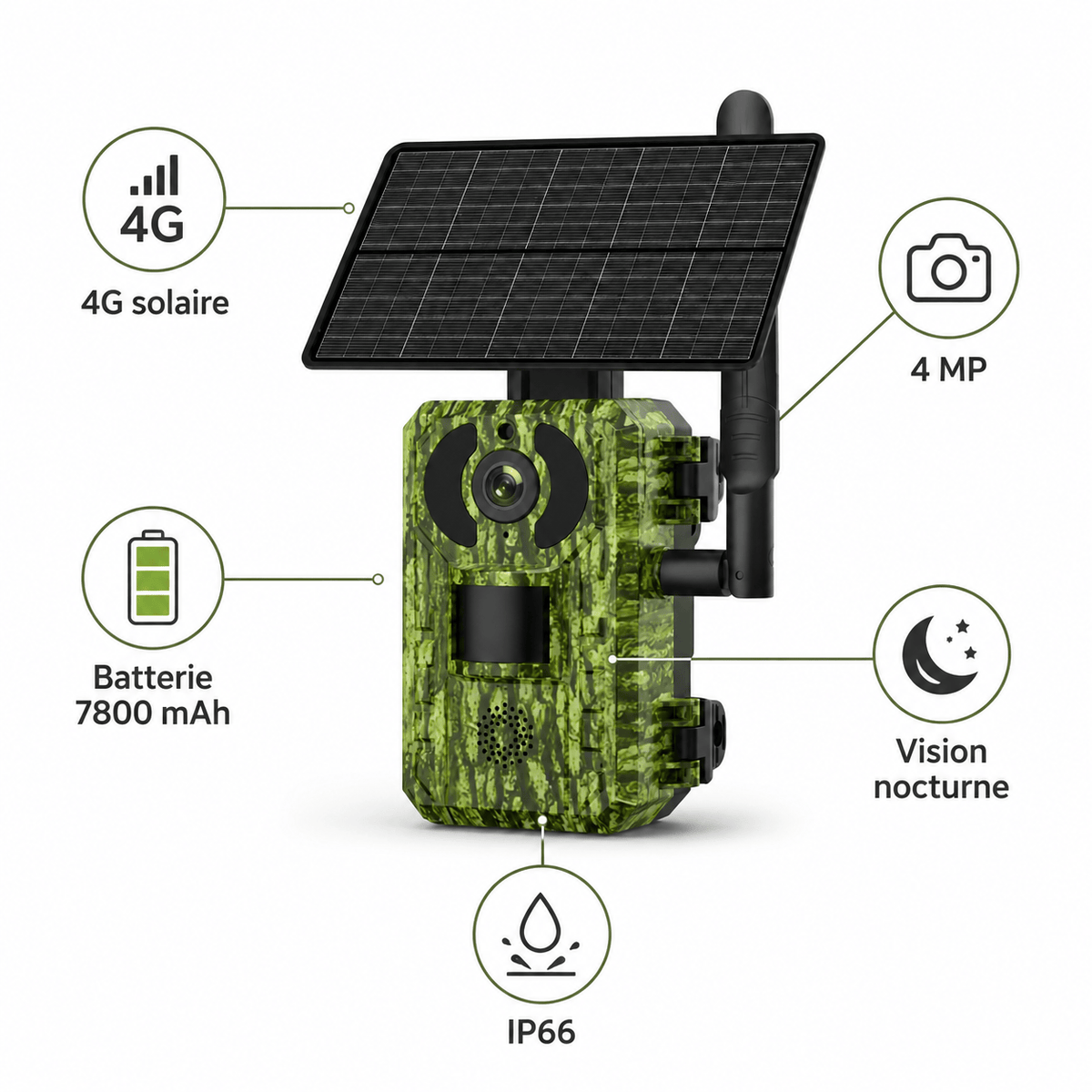 Regard-sauvages Caméra de chasse 4G solaire 4 MP – Batterie 7800 mAh, Vision Nocturne, IP66
