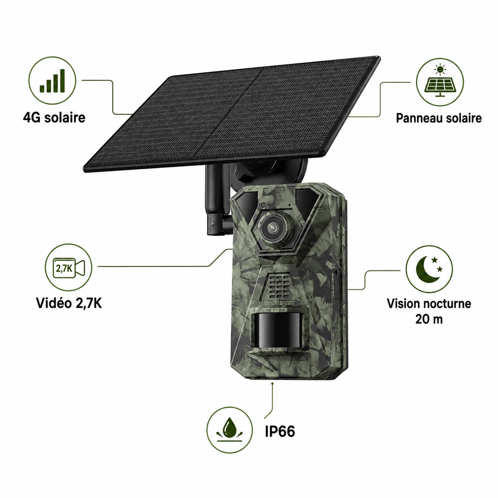Regard-sauvages Caméra de chasse 4G solaire – Vidéo 2,7K, Vision Nocturne 20 m, IP66