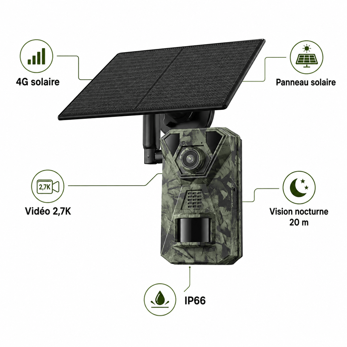 Regard-sauvages Caméra de chasse 4G solaire – Vidéo 2,7K, Vision Nocturne 20 m, IP66