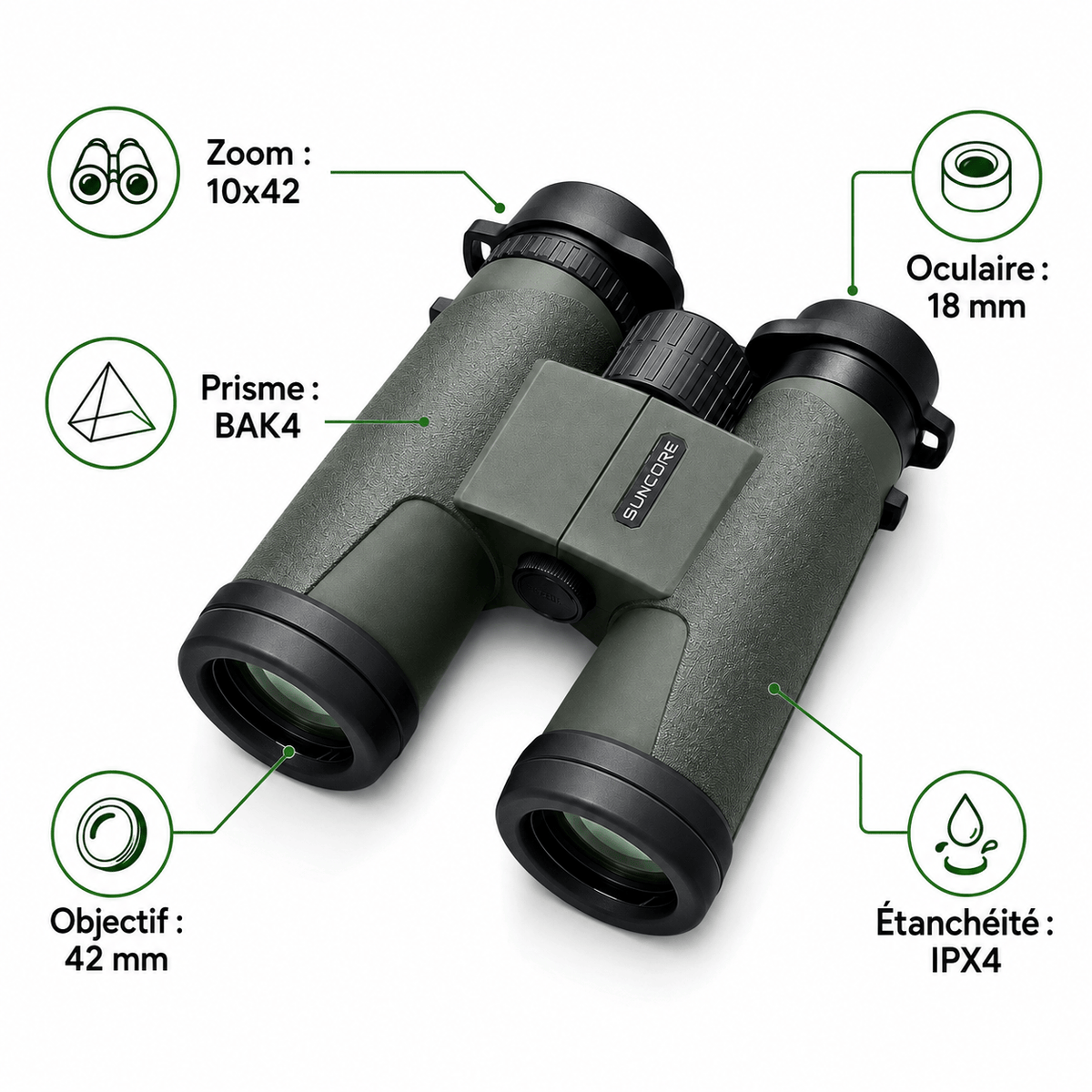 regard-sauvages Jumelles SUNCORE 10×42 Vertes pour Outdoor