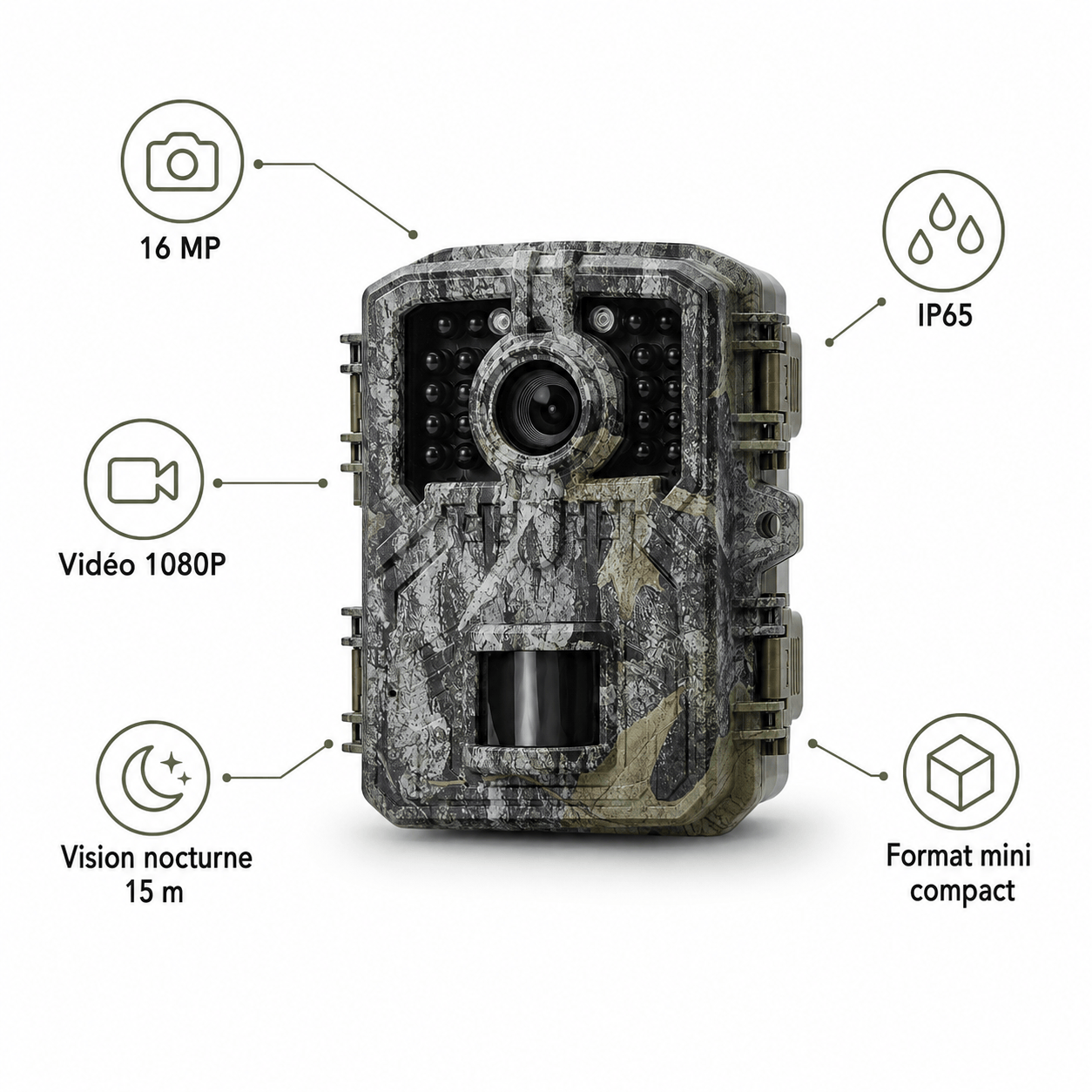 Regard-sauvages Mini caméra de chasse 16 MP – 1080P, Vision Nocturne 15 m, IP65